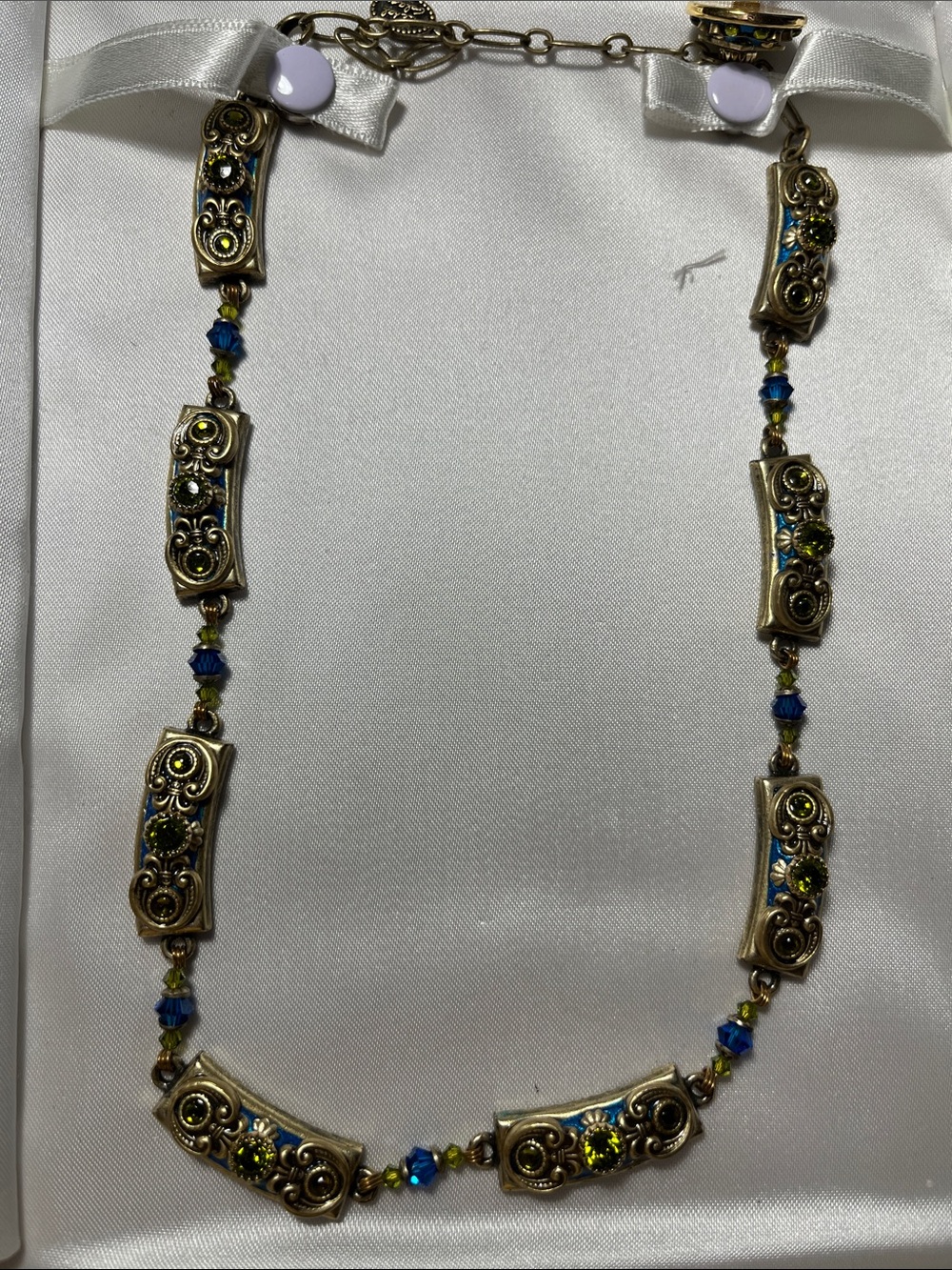 Gold-Tone Necklace with Blue and Green Crystals